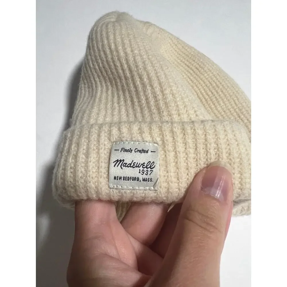 Madewell Cozy-Knit Beanie Ivory Wool Ribbed Cuffed Hat Quiet Luxury One Size